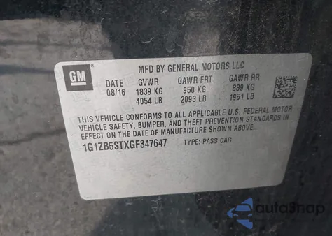 2016 Chevrolet Malibu Ls z USA, uszkodzony, nr VIN 1G1ZB5STXGF347647